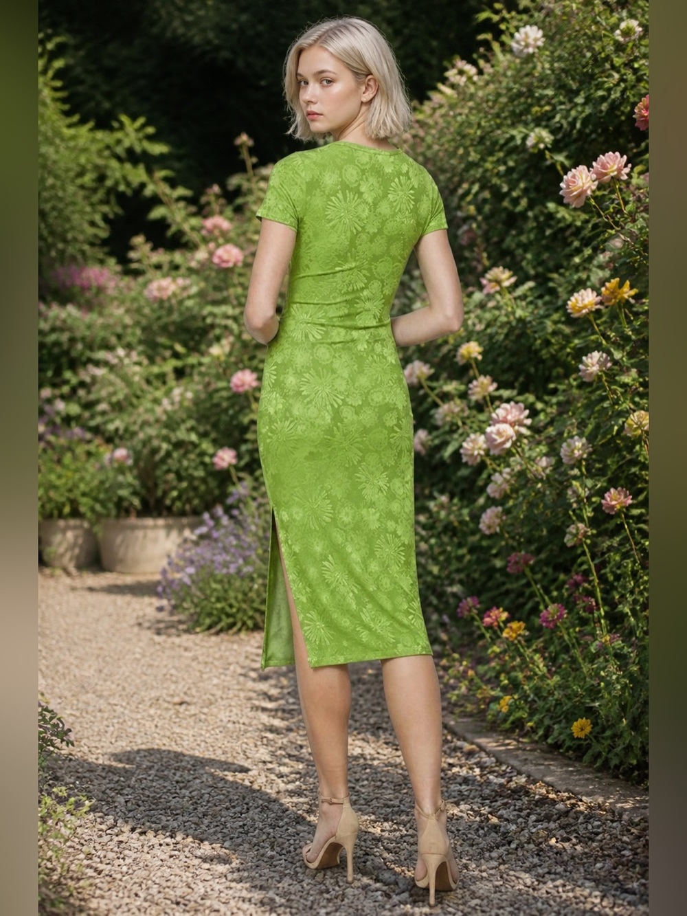 Heart & Hips JACQUARD KNIT FLOWER PATTERN MIDI DRESS Aloe Gel Green NWT - Picture 3 of 5